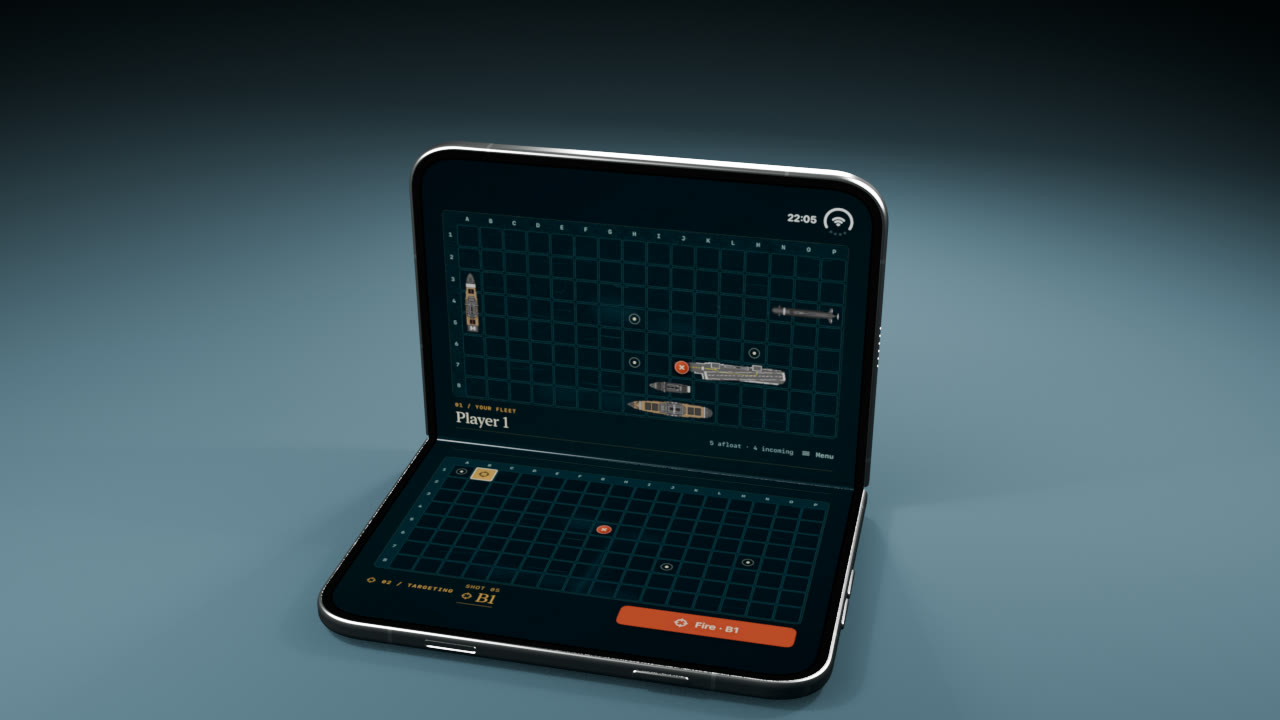 A folded iPhone Duo on a tabletop in laptop mode, with Fleet Duo boards on its upright and horizontal screens.