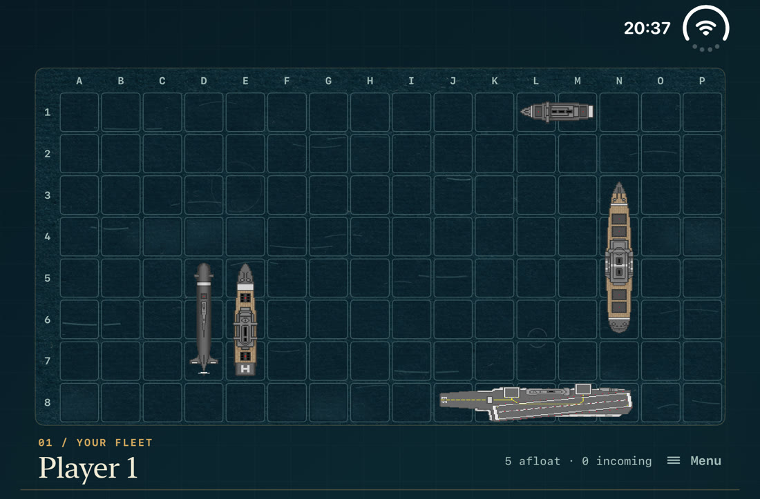 Five ships placed on a 16 by 8 fleet board: submarine, battleship, destroyer, cruiser, and carrier.