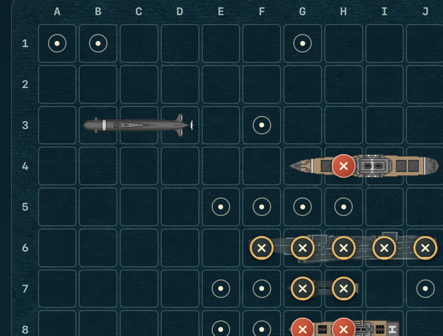 A fleet under fire. A battleship is hit, and a carrier lies sunk beneath a line of markers.