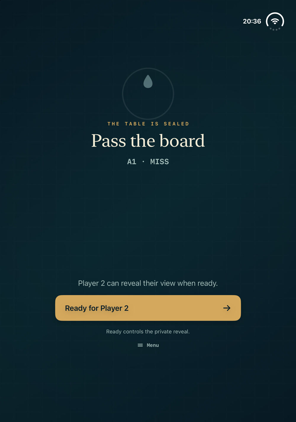 Fleet Duo's sealed screen showing A1 missed, Pass the board, and the Ready for Player 2 button.